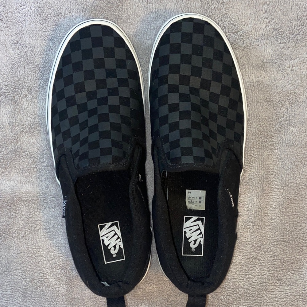 Vans Men's Black and Gray Checkered Slip-On Sneakers